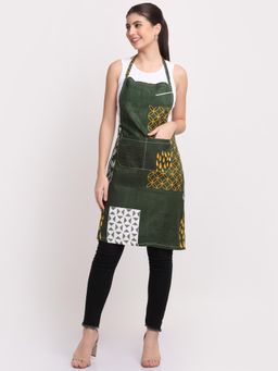 ARRABI - Green Geometric TC Cotton Blend Apron with 2 Patch Pockets