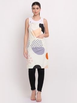 ARRABI - Cream Geometric TC Cotton Blend Apron with 2 Patch Pockets