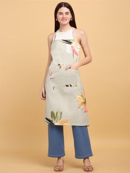 ARRABI - Green Floral TC Cotton Blend Apron with 2 Patch Pockets