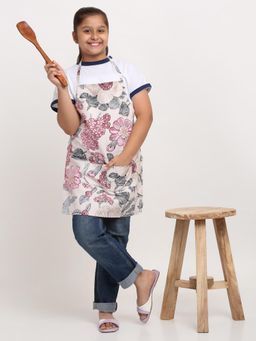 ARRABI - Beige Floral TC Cotton Blend Baby Apron with 2 Patch Pockets