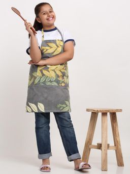 ARRABI - Grey Leaf TC Cotton Blend Baby Apron with 2 Patch Pockets