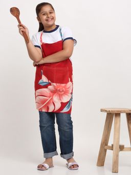 ARRABI - Red Floral TC Cotton Blend Baby Apron with 2 Patch Pockets