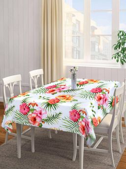 ARRABI - White Floral Tc Cotton Blend Table Cover (6 Seater)