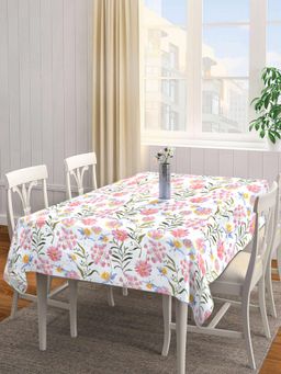 ARRABI - White Floral Cotton Blend Table Cover (6 Seater)