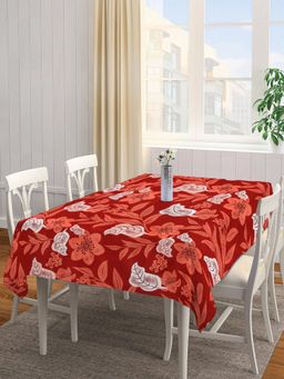 ARRABI - Red Floral Cotton Blend Table Cover (6 Seater)