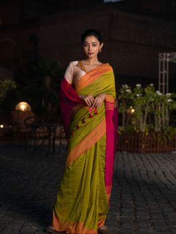 Beatitude - Green Shade Cotton Saree With Unstitched Blouse