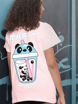 Bewakoof - Women's Pink Bubble Panda Graphic Printed Boyfriend T-shirt
