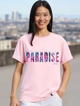 Bewakoof - Women's Pink Living in Paradise Graphic Printed Boyfriend T-shirt