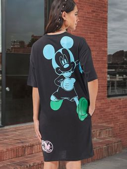 Bewakoof - Official Disney Women's Black Mickey Logo Graphic Printed Oversized T-Shirt Dress