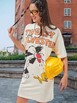 Bewakoof - Heavy Duty 1.0 Looney Tunes Women's Gardenia Sylvester Printed Oversized T-Shirt Dress