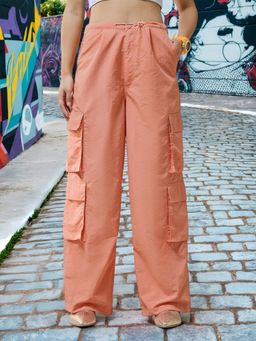 Bewakoof - Women's Orange Baggy Oversized Cargo Parachute Pants
