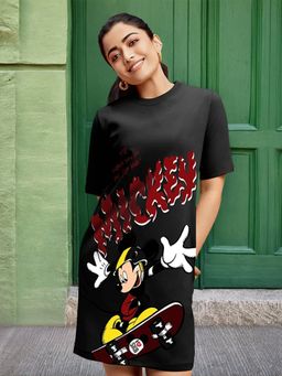 Bewakoof - Heavy Duty 1.0 Disney Women's Black Mickey Graphic Printed Oversized T-shirt Dress