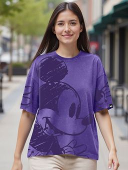 Bewakoof - Official Disney Women's Skipper Blue Mickey Graphic Printed Oversized Acid Wash T-shirt