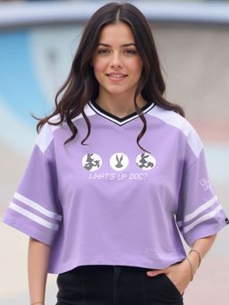 Bewakoof - Official Looney Tunes Women's Purple Whats Doc Graphic Printed Oversized Crop T-shirt