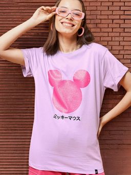 Bewakoof - Official Disney Women's Purple Mickey Gliitters Graphic Printed Boyfriend T-shirt