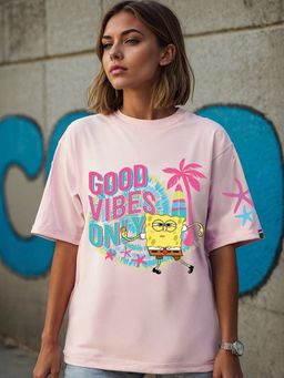 Bewakoof - Women's Pink Sponge Bob Graphic Printed Oversized T-shirt