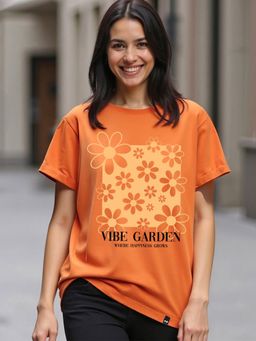 Bewakoof - Women's Caramel Orange Vibe Garden Graphic Printed Boyfriend T-shirt
