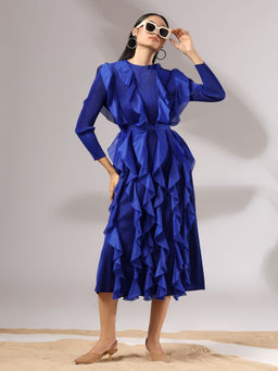 Onto by Aanchal - Blue Cascade Ruffle Midi Dress