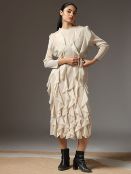 Onto by Aanchal - White Cascade Ruffle Midi Dress
