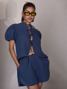 SPELL BY SMOKESHOW - Donna Blue Top & Shorts Tie-Up Neck (Set of 2)