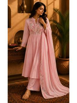 Sindh Fashion - Women Pink Petal Anarkali Kurta With Palazzo And Dupatta
