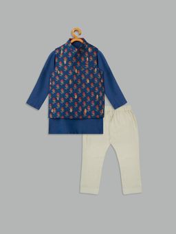MEHAK MURPANA - Teal Printed Bundi With Kurta And Pant