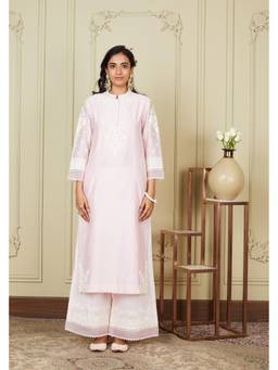 Sheetal Batra - Bahareh - Pearl Blush White Long Kurta With Palazzo And Dupatta