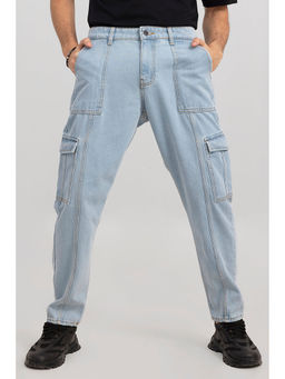 Snitch - Light Blue Washed Baggy Casual Cargo Jeans for Men