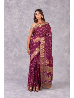 KISHORI - Womens Bandhani and Banarasi Saree and Blouse Fabric-Wine