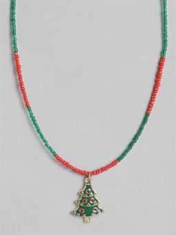 Blueberry - Green And Red Beaded Christmas Tree Pendant Detailing Necklace