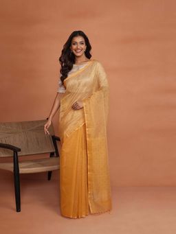 Fabindia - Mustard Cotton Silk Blend Hand Block Printed Saree without Blouse