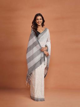 Fabindia - Off White Natural Cotton Hand Block Printed Saree without Blouse