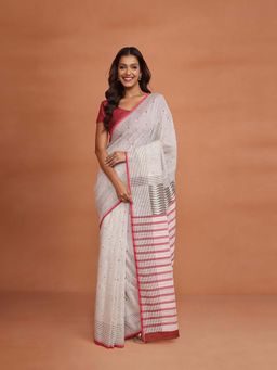 Fabindia - Off White Natural Cotton Hand Block Printed Saree without Blouse