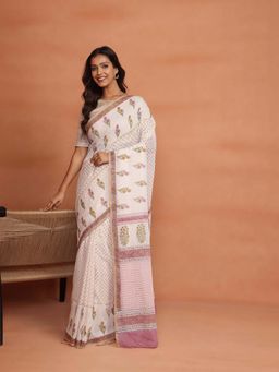 Fabindia - Off White Natural Cotton Hand Block Printed Saree without Blouse