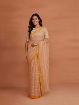 Fabindia - Yellow Cotton Silk Hand Block Printed Saree without Blouse