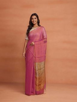 Fabindia - Pink Cotton Blend Hand Woven Saree without Blouse