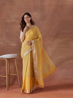 Fabindia - Yellow Cotton Blend Hand Woven Saree without Blouse