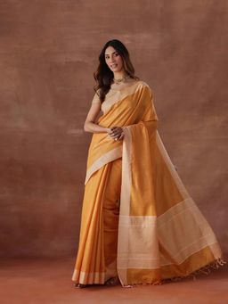 Fabindia - Mustard Yellow Silk Blend Saree without Blouse
