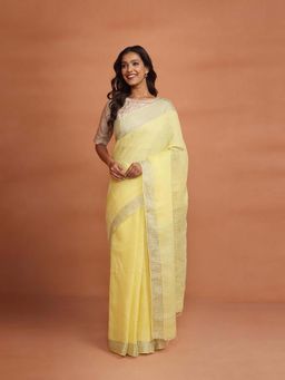 Fabindia - Yellow Linen Blend Hand Woven Saree without Blouse