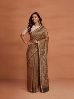 Fabindia - Brown Cotton Silk Printed Saree without Blouse