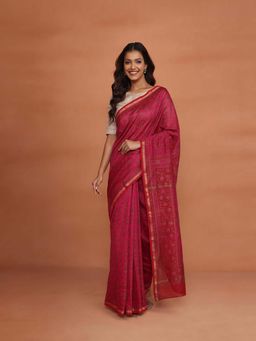 Fabindia - Pink Cotton Silk Printed Saree without Blouse