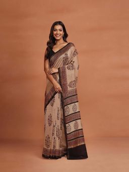 Fabindia - Beige Cotton Silk Blend Bagru Printed Saree without Blouse