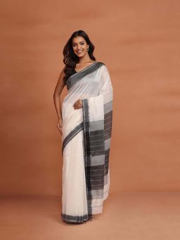 Fabindia - White Natural Cotton Silk Blend Woven Wonders Maheshwari Saree without Blouse