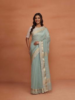 Fabindia - Blue Cotton Silk Blend Woven Wonders Maheshwari Saree without Blouse