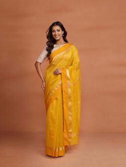 Fabindia - Yellow Cotton Silk Blend Woven Wonders Maheshwari Saree without Blouse