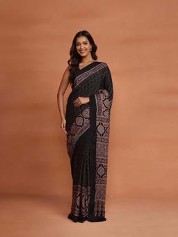 Fabindia - Black Viscose Blend Ajrakh Printed Saree without Blouse