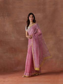 Fabindia - Pink Cotton Silk Hand Block Printed Saree without Blouse