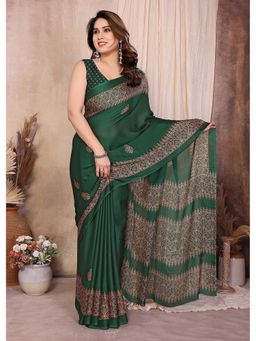 FABMORA - Green Women Printed Chiffon Georgette Daily Wear Saree with Unstitched Blouse