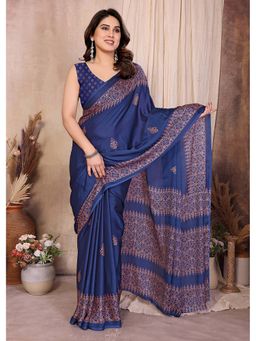 FABMORA - Navy Blue Women Printed Chiffon Georgette Daily Wear Saree with Unstitched Blouse