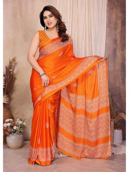 FABMORA - Orange Women Printed Chiffon Georgette Daily Wear Saree with Unstitched Blouse